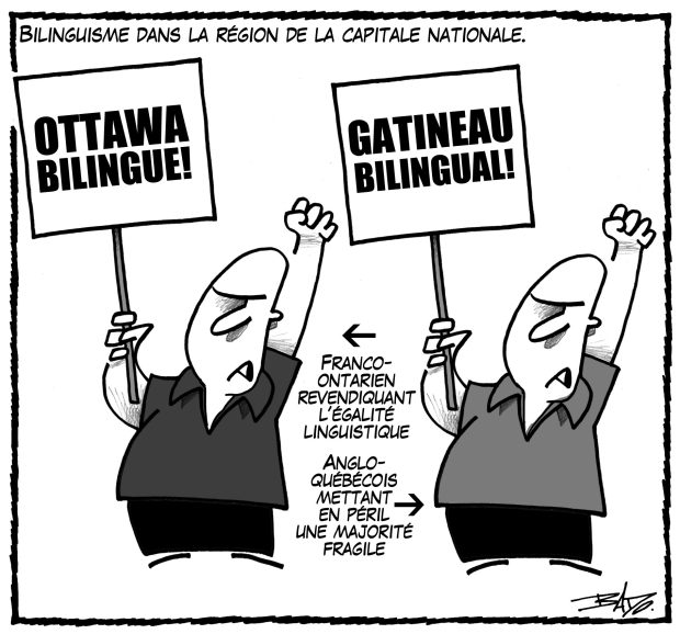 Titre : Bilinguisme dans la région de la capitale nationale Illustration : Dessin de deux hommes brandissant des pancartes de manifestation Le Franco-Ontarien avec le slogan Ottawa bilingue! et l’Anglo-Québécois avec le slogan Gatineau bilingual!