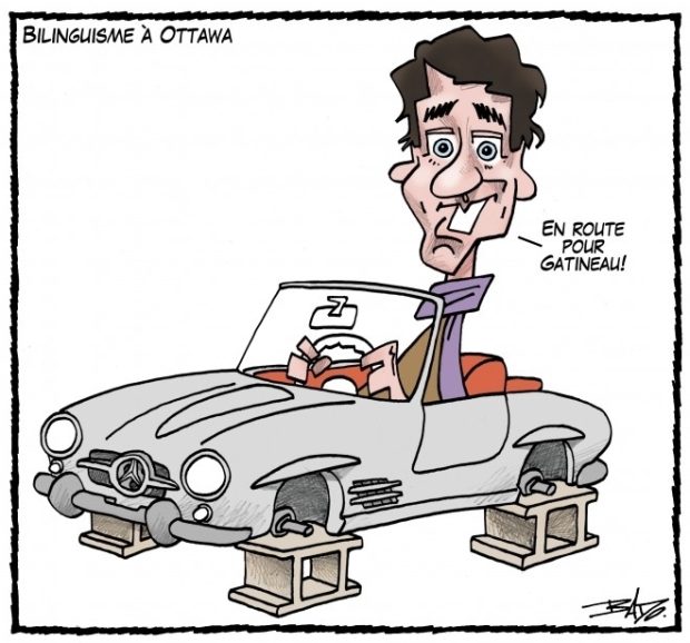 Titre : Bilinguisme à Ottawa Illustration : Dessin de Justin Trudeau, dans une voiture sans roue, montée sur des blocs de béton, disant : – En route pour Gatineau!