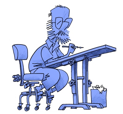 Dessin de Bado, assis à sa table à dessin.