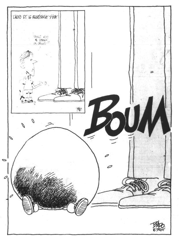 Suite de la caricature précédente. Après avoir demandé un caillou à l’homme à ses côtés, le petit garçon reçoit une grosse roche sur la tête.