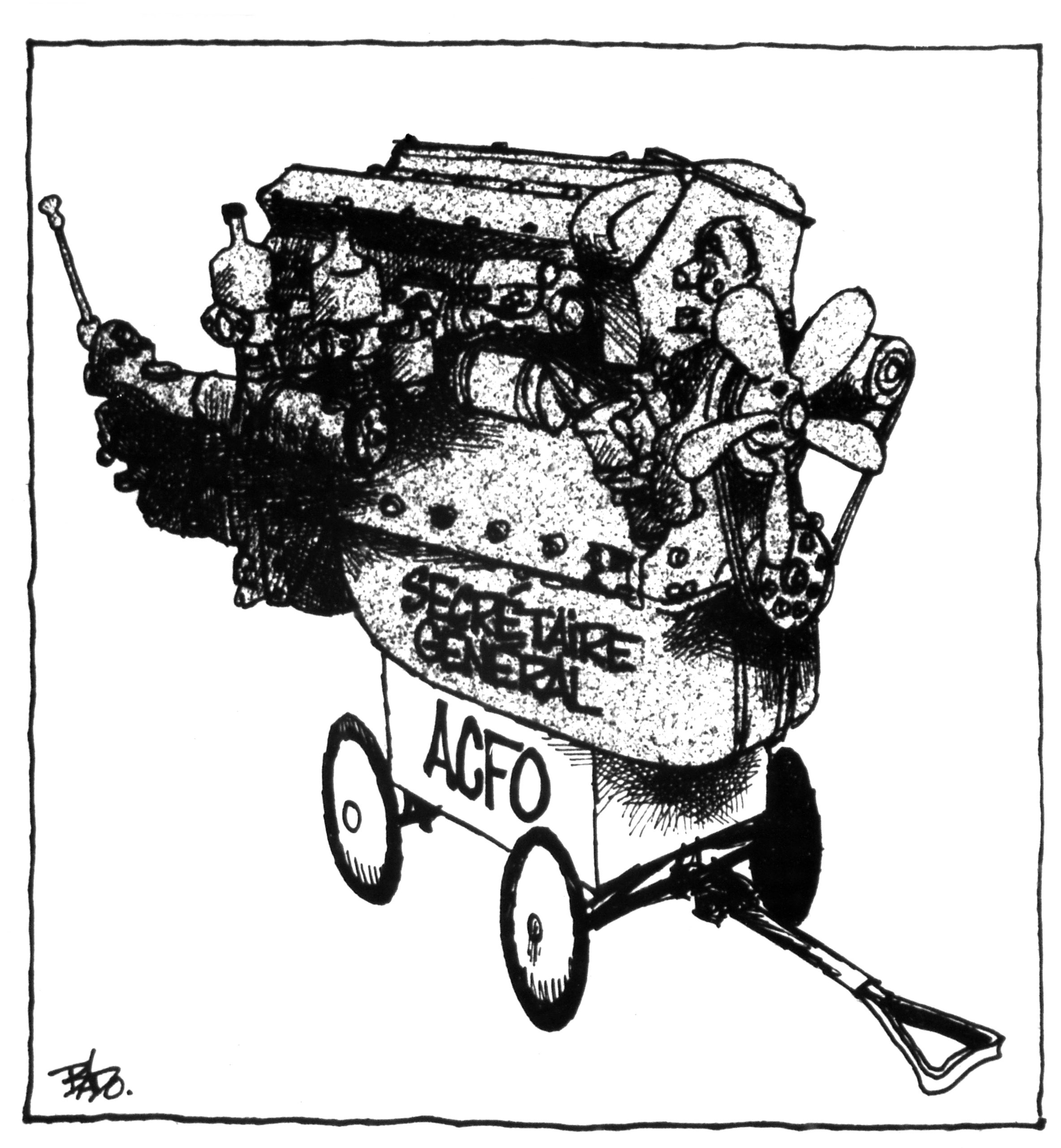 Illustration : Dessin d’un moteur d’automobile monté sur un chariot pour enfant. Secrétaire général est inscrit sur le moteur, tandis que ACFO est inscrit sur le chariot.