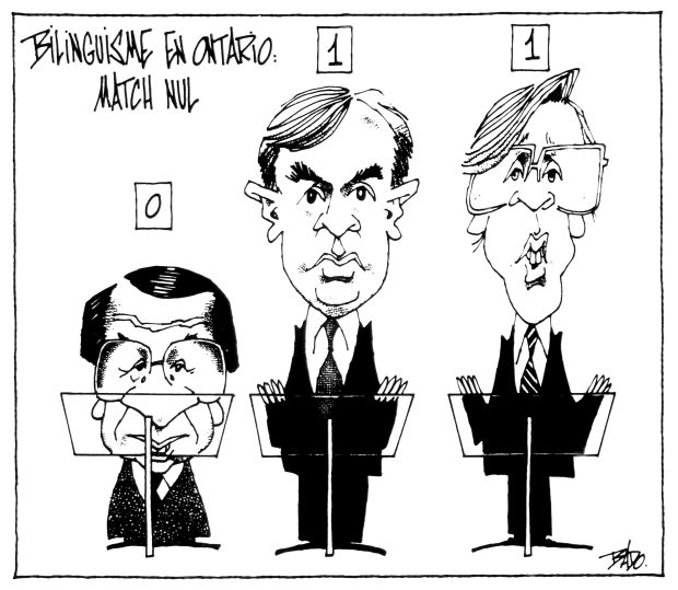 Titre : Bilinguisme en Ontario. Match nul. Illustration : les trois chefs de partis politiques de l’élection provinciale de 1987. Le chiffre 0 est inscrit au-dessus de Larry Grossman (du Parti conservateur). Le chiffre 1 est inscrit au-dessus de David Peterson (Parti libéral) et de Bob Rae (Nouveau parti démocratique).