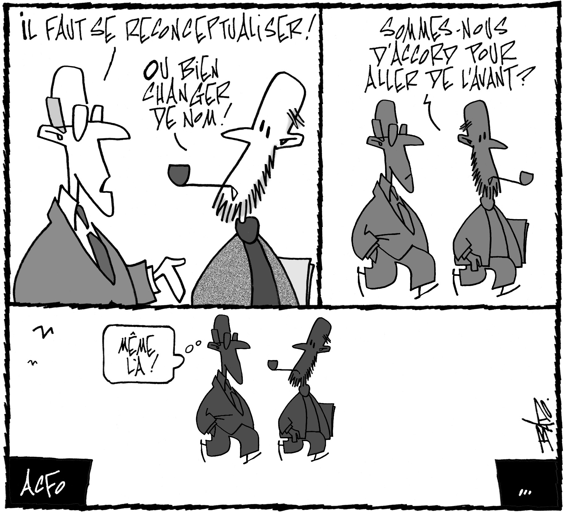 Illustration : Deux personnes discutent en marchant : Il faut se reconceptualiser! Ou bien changer de nom! Sommes-nous d’accord pour aller de l’avant? Les deux personnages marchent dans le vide.