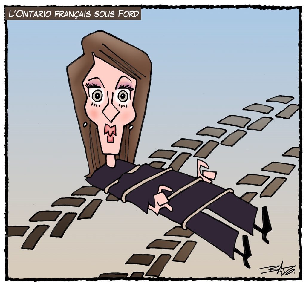 Titre : L’Ontario français sous Ford. Illustration : Amanda Simard, est ficelée des épaules aux genoux, et étendue sur le sol comme si un gros camion Ford lui a passé sur le corps.  