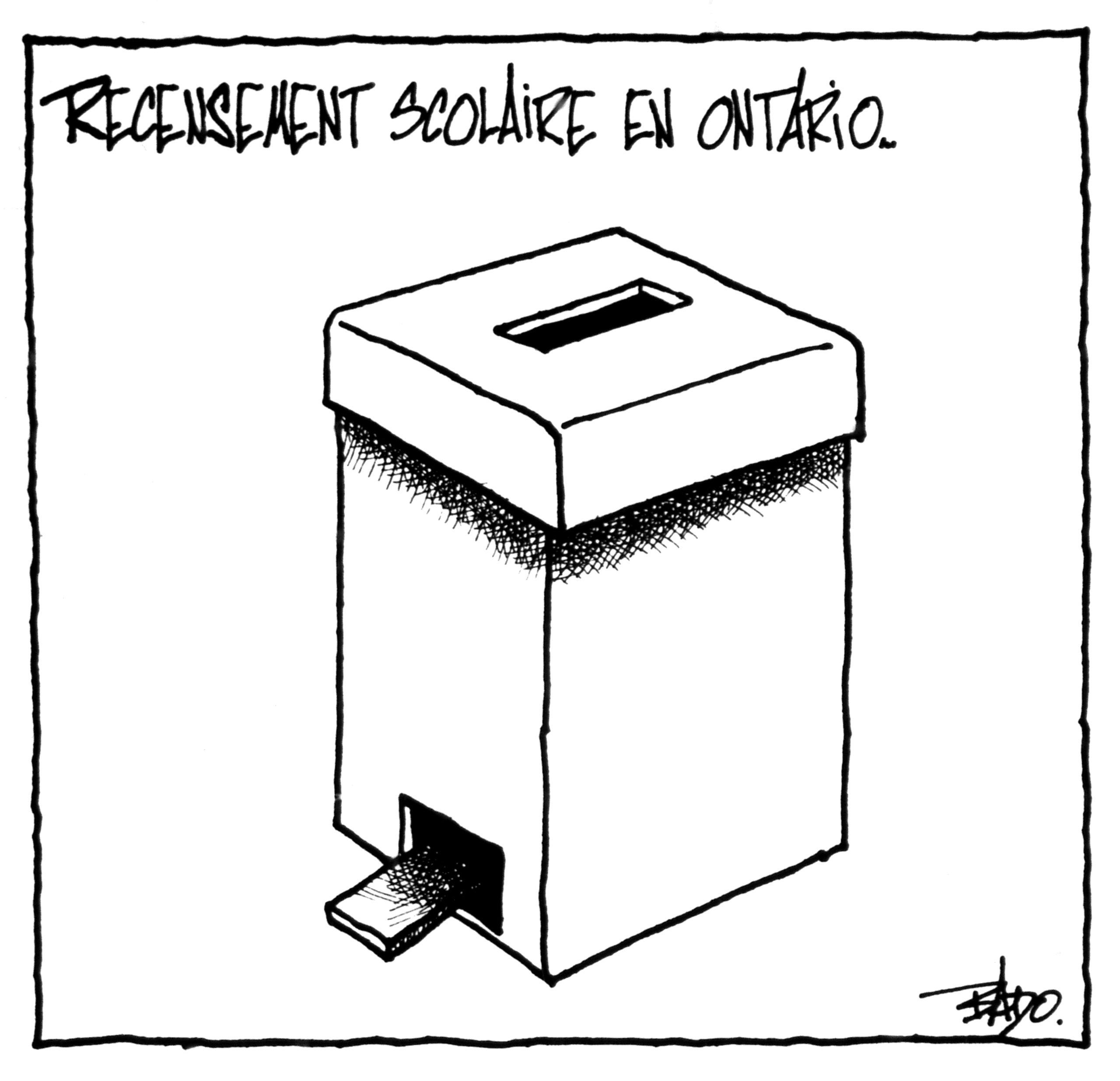 Titre : Recensement scolaire en Ontario. Illustration : Dessin d’une boîte de scrutin en forme de poubelle. 