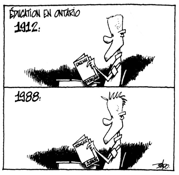 Titre : Éducation en Ontario  Illustration : Deux dessins superposés d’un jeune lisant un manuel scolaire. Le dessin du haut est en 1912 et celui du bas, en 1988. En 1912, le jeune a dissimulé un manuel de français dans un manuel d’anglais. En 1988, le jeune a dissimulé une bande dessinée (comics) dans un manuel de français.