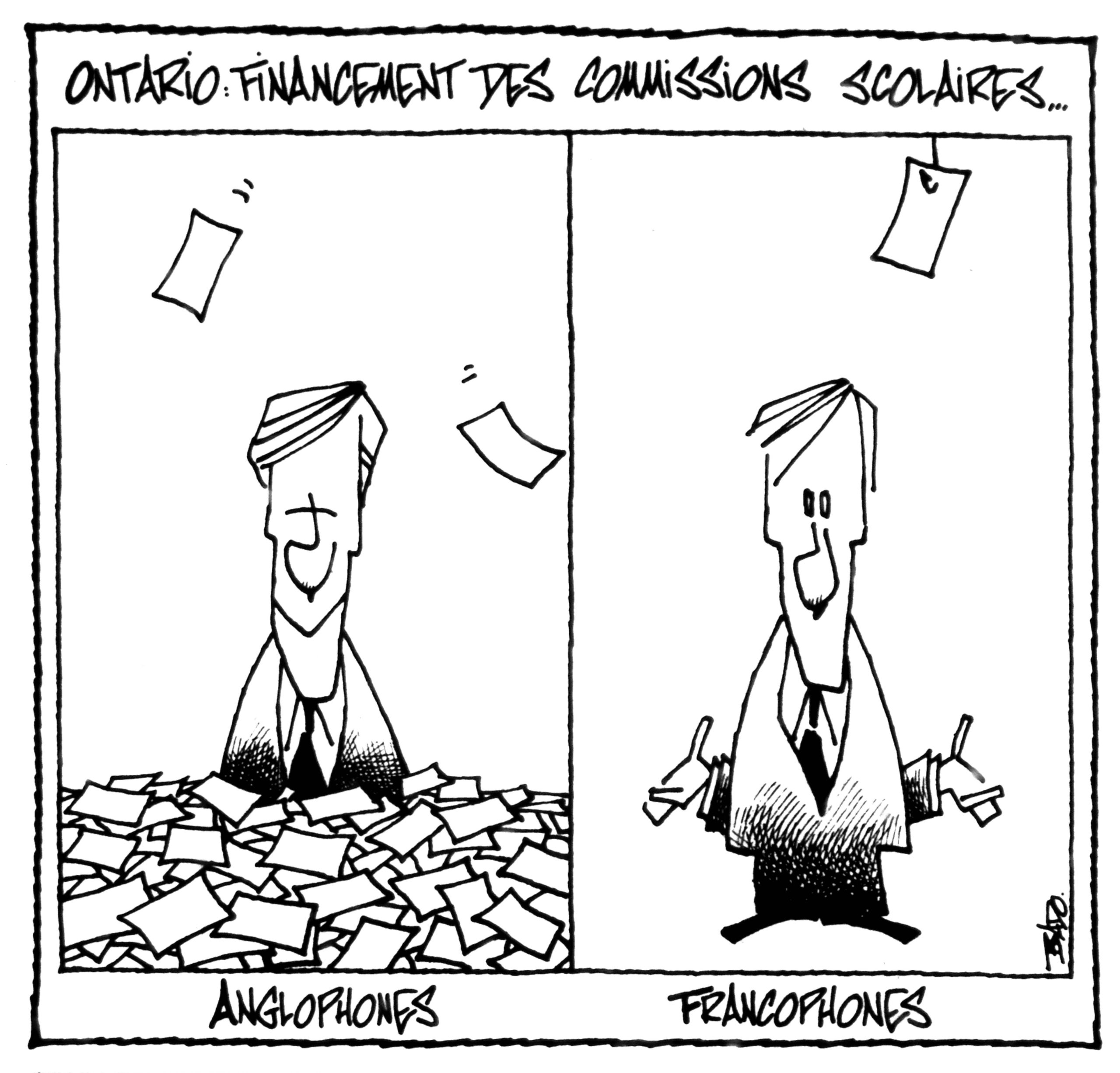 Titre : Ontario : financement des commissions scolaires. Illustration : Deux dessins côte-à-côte de la situation des commissions scolaires anglophones et francophones. Chez les anglophones, on nage dans les billets de banque tandis que chez les francophones, un billet de banque est suspendu au-dessus du citoyen.