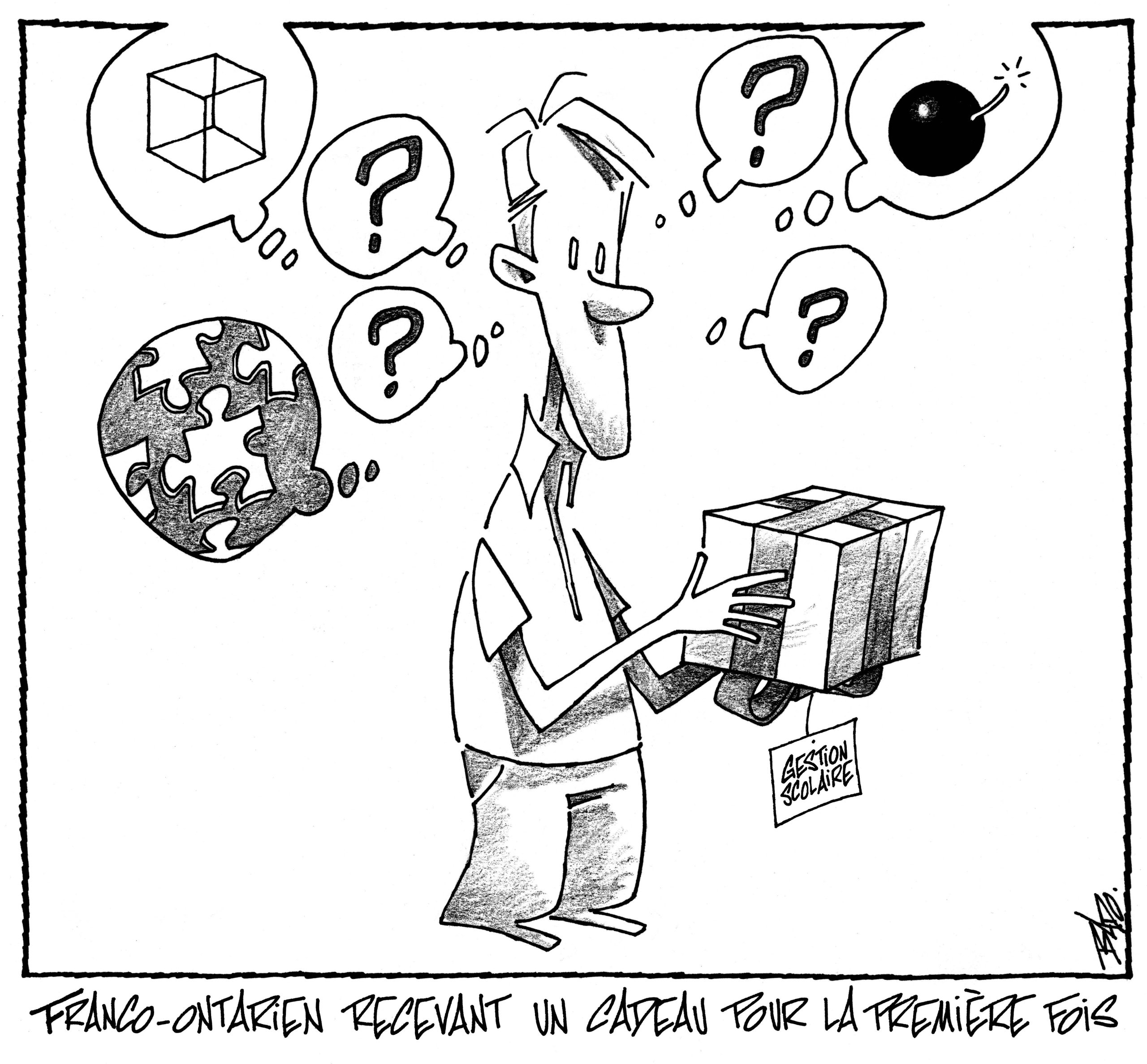 Titre : Franco-Ontarien recevant un cadeau pour la première fois.  Illustration : Un Francophone, confus, tenant une boîte-cadeau avec une étiquette sur laquelle est écrit gestion scolaire.