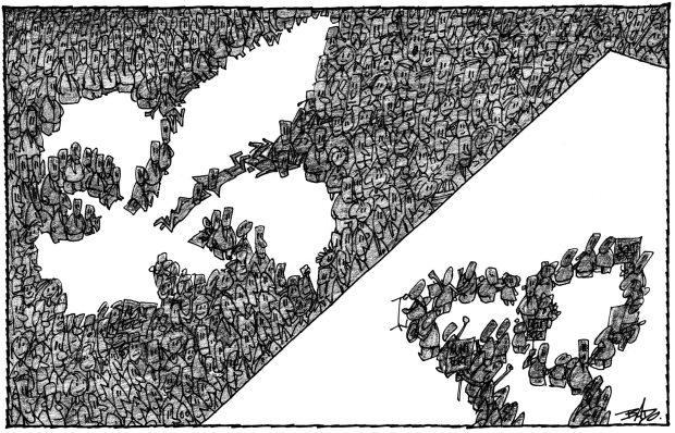 Illustration : Dessin d’une foule formant un immense drapeau franco-ontarien.