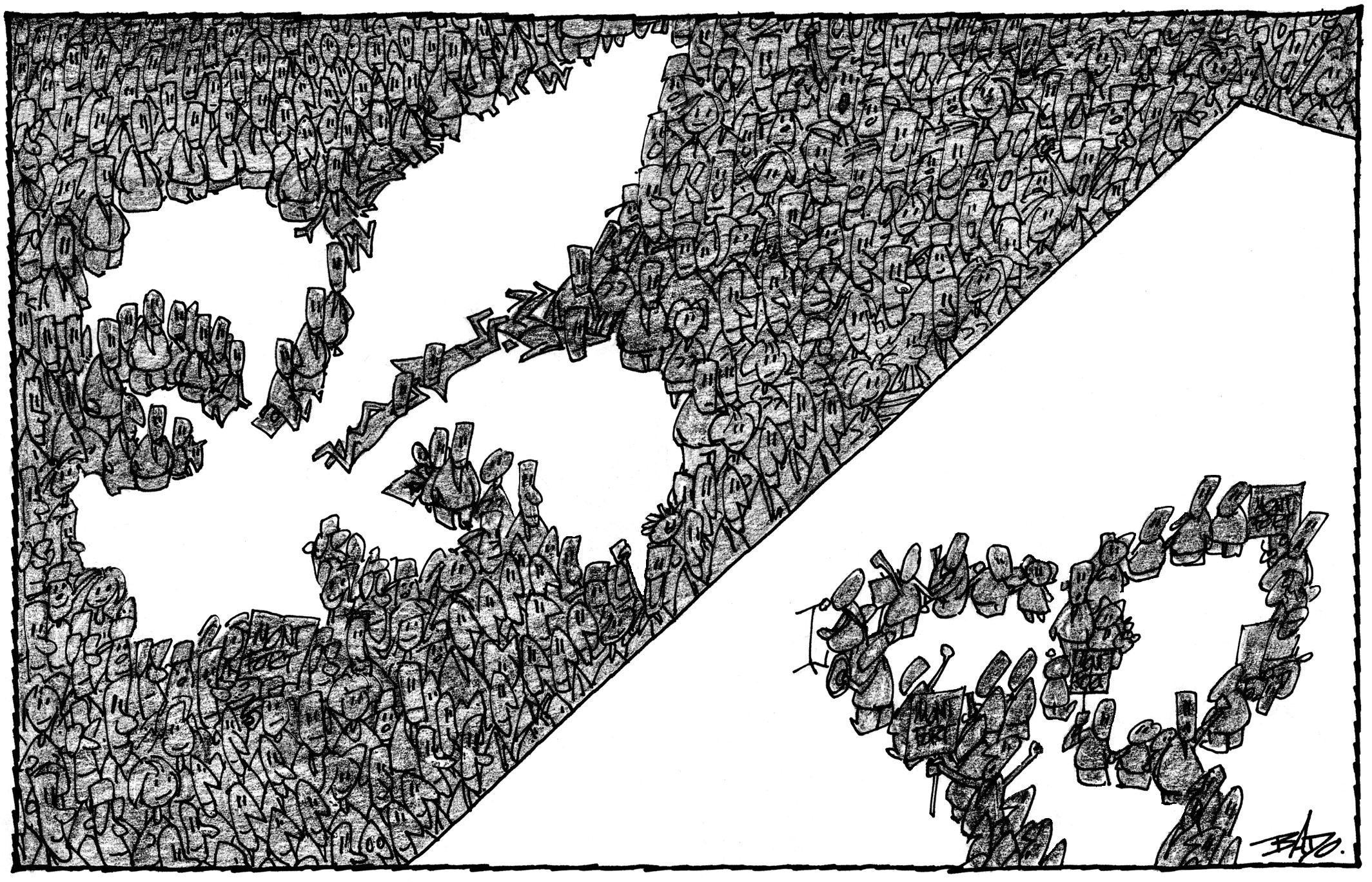 Illustration : Dessin d’une foule formant un immense drapeau franco-ontarien.