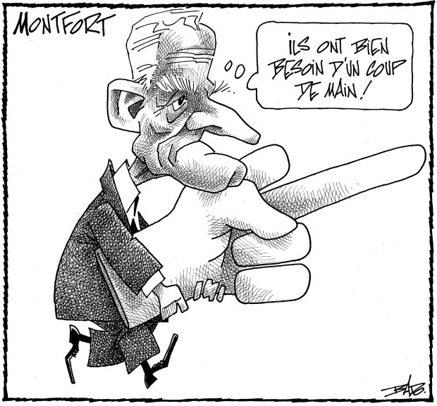 Titre : Montfort  Illustration : Dessin de Claude Ryan tenant une grande main qui arbore le doigt d'honneur, en se disant :  – Ils ont bien besoin d’un coup de main! 