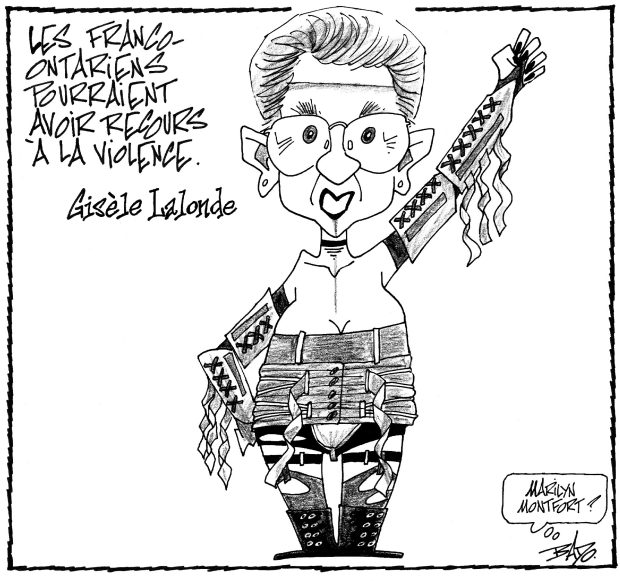 Titre : Les Franco-Ontariens pourraient avoir recours à la violence  Illustration : Dessin de Gisèle Lalonde, habillée dans le style du chanteur Marilyn Manson, le poing dans les airs. La signature de Bado dit : Marilyn Montfort. 