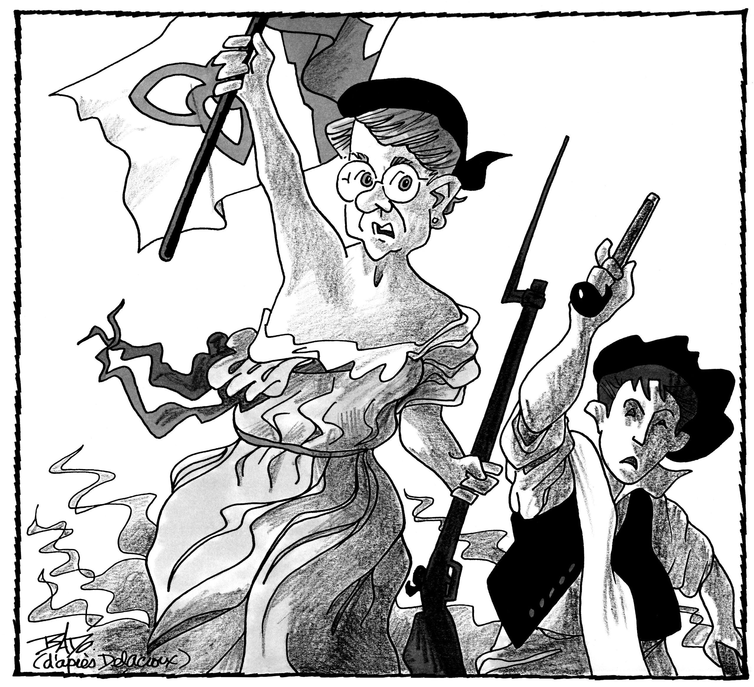 Illustration : Adaptation du tableau La Liberté guidant le peuple d'Eugène Delacroix où Gisèle Lalonde, tenant un drapeau franco-ontarien, guide la voie de la révolution franco-ontarienne.