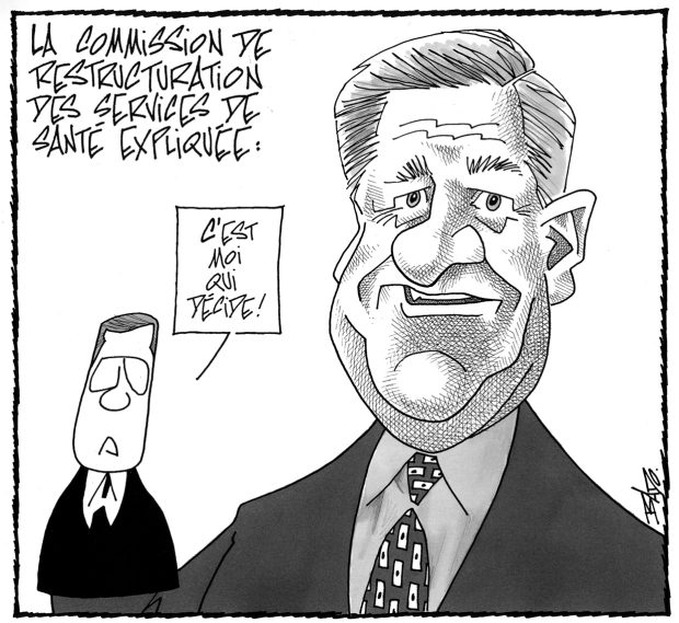 Titre : La Commission de restructuration des services de santé expliquée…  Illustration : Dessin de Mike Harris qui tient une marionnette représentant le commissaire de la CRSS dans sa main. La marionnette dit :  – C'est moi qui décide!