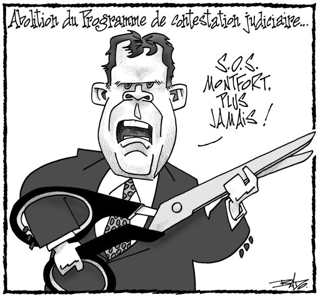 Titre : Abolition du programme de contestation judiciaire… Illustration : Dessin de John Baird brandissant une énorme paire de ciseaux, déclarant : – S.O.S. Montfort plus jamais!