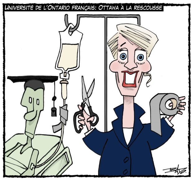 Titre : Université de l’Ontario français : Ottawa à la rescousse Illustration : Dessin de Mélanie Joly, ministre du Tourisme, des Langues officielles et de la Francophonie en train de rafistoler le soluté d’un étudiant gradué allongé sur un lit d’hôpital.