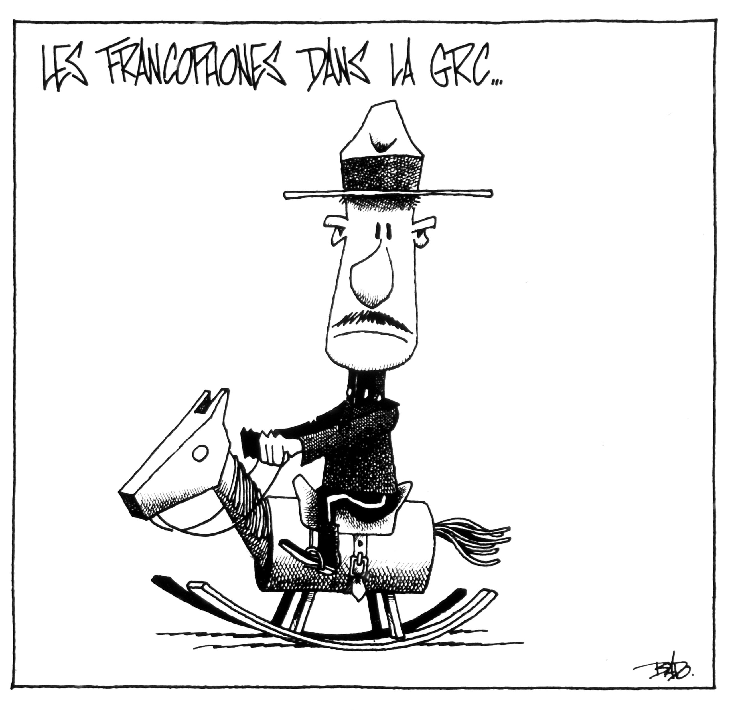 Titre : Les francophones dans la GRC… Illustration : Un policier de la Gendarmerie royale du Canada, triste, assis sur un cheval à bascule.