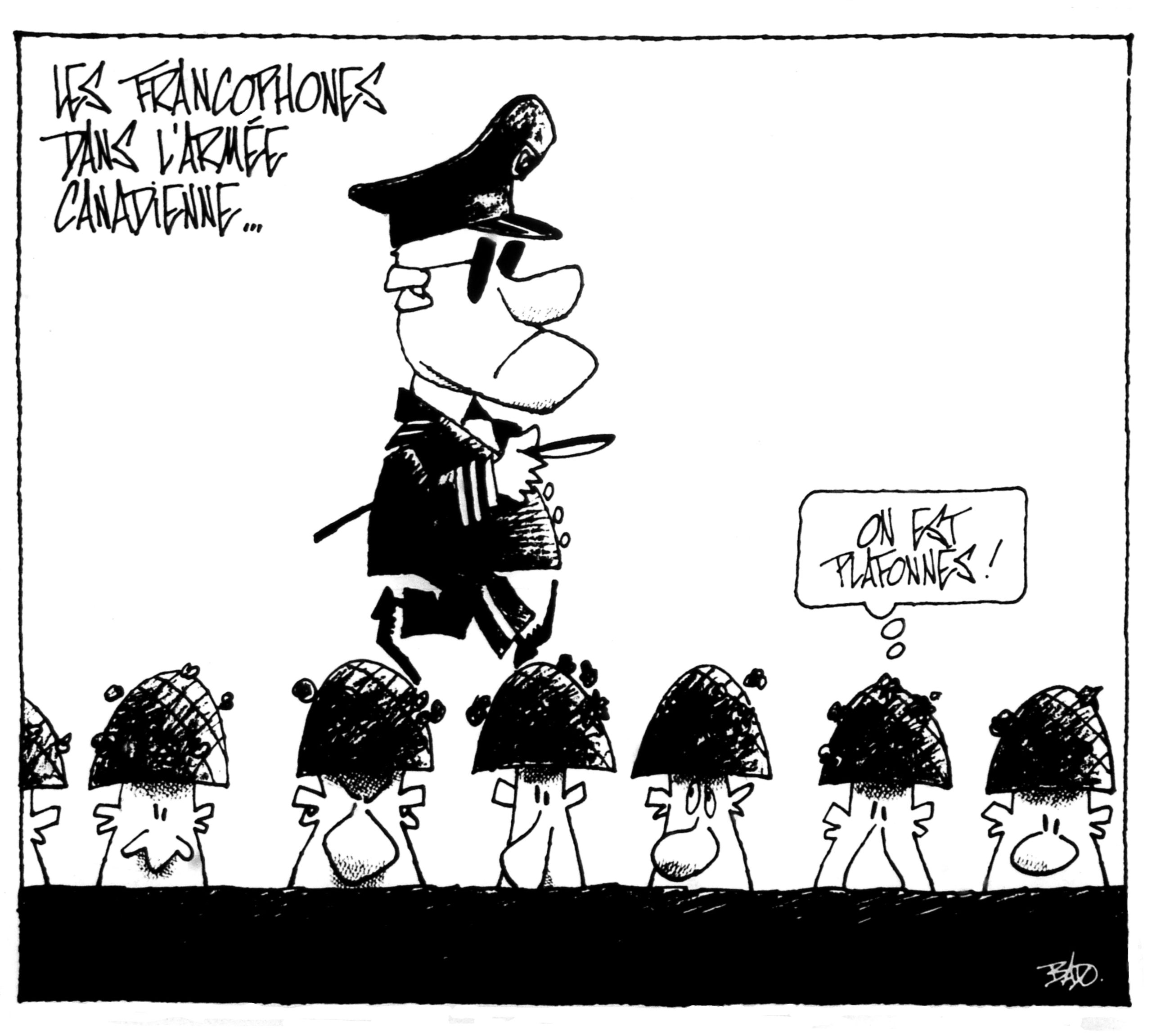 Titre : Les francophones dans l’armée canadienne… Illustration : Un haut gradé de l’armée marche sur la tête de soldats terrés dans une tranchée. Un des soldats dit : On est plafonnés!