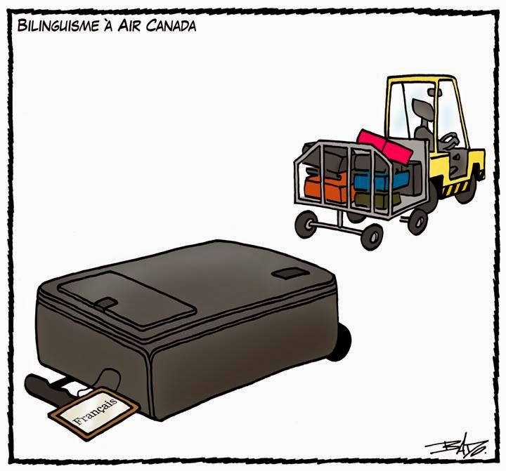 Titre : Bilinguisme à Air Canada Illustration : Une voiturette à bagages amène les valises des passagers. Il laisse tomber une grosse valise grise qui porte une étiquette sur laquelle est inscrit Français.