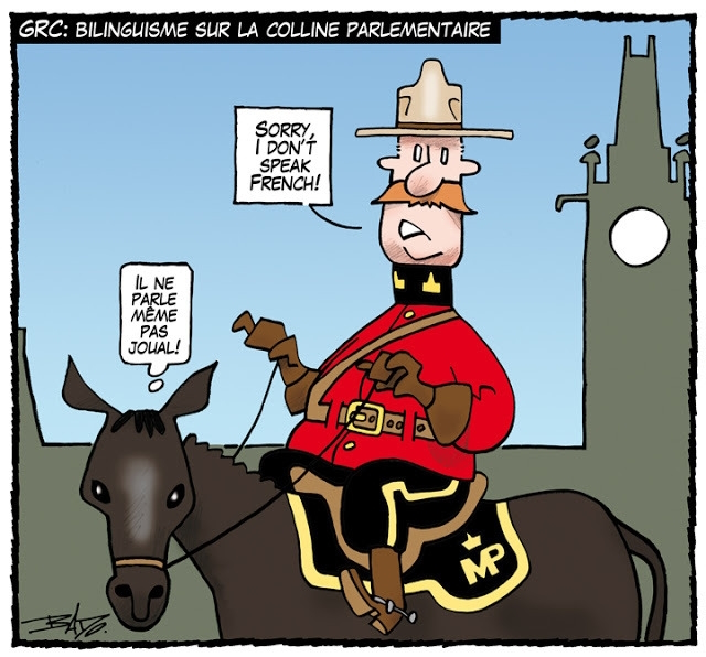 Titre : GRC : Bilinguisme sur la Colline parlementaire Illustration : Un officier de la Gendarmerie royale du Canada sur son cheval patrouille sur la colline du Parlement. L’officier dit : Sorry, I don’t speak French, tandis que le cheval pense : Il ne parle même pas joual!