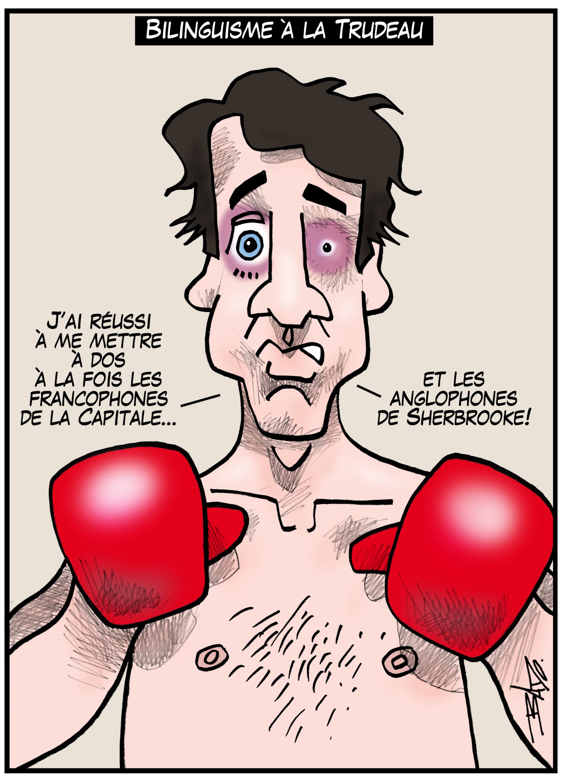 Titre : Bilinguisme à la Trudeau Illustration : Justin Trudeau après un combat de boxe, les deux yeux au beurre noir, disant : J’ai réussi à me mettre à dos à la fois les francophones de la capitale… et les anglophones de Sherbrooke!