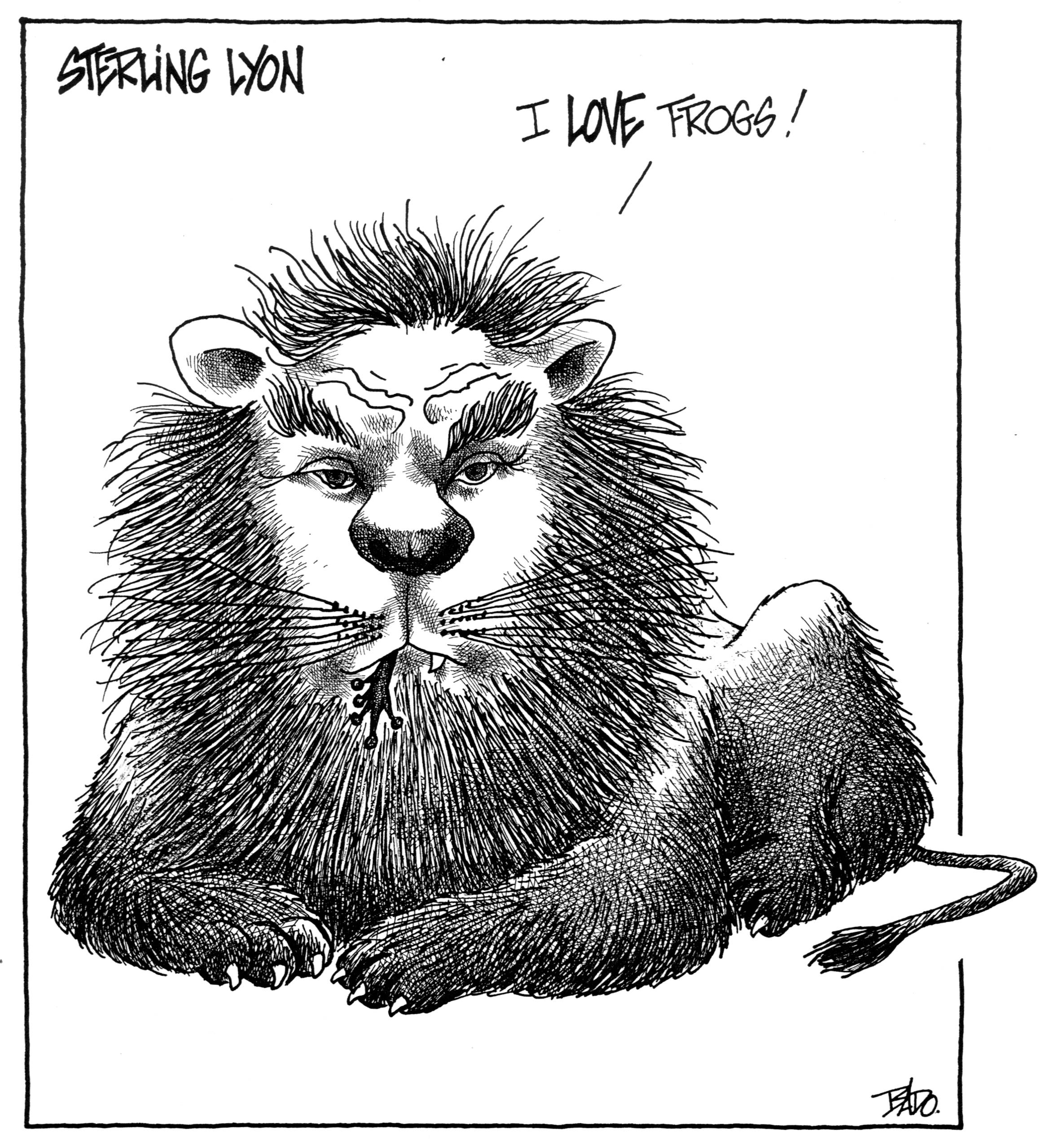 Titre : Sterling Lyon  Illustration : Dessin d’un lion disant : I love frogs!