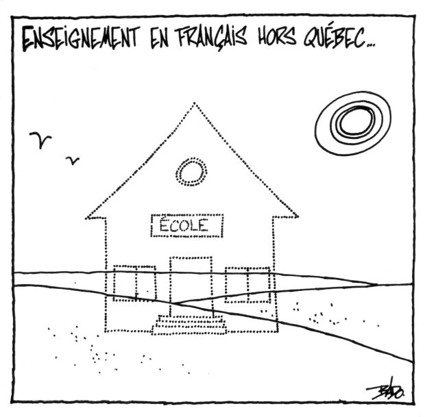 Titre : Enseignement en français hors Québec Illustration : Les contours d’une école invisible dessinée en pointillé, symbolisant la difficulté d'accès à l'éducation dans une langue minoritaire.