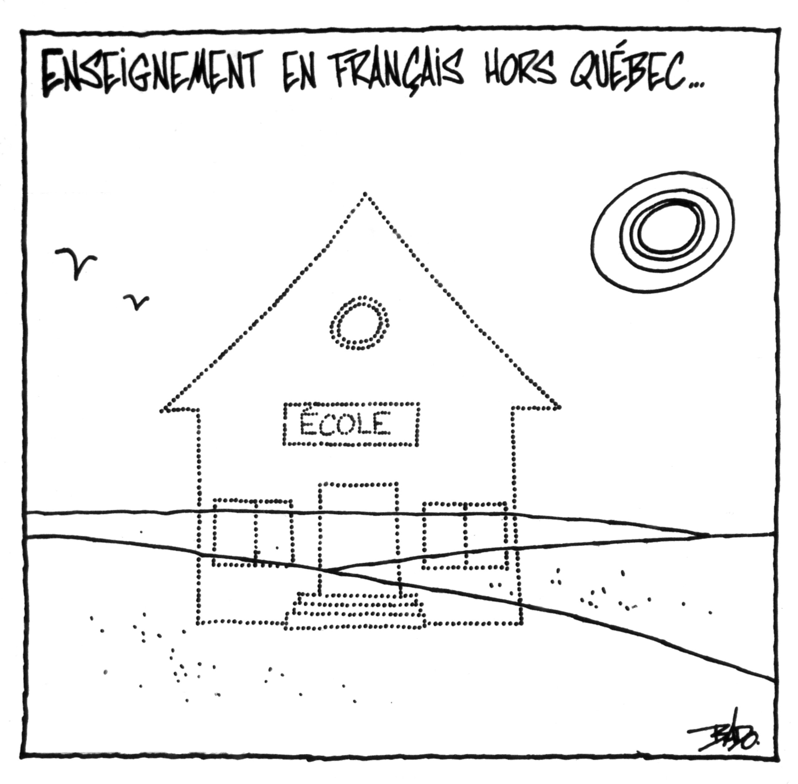 Titre : Enseignement en français hors Québec Illustration : Les contours d’une école invisible dessinée en pointillé, symbolisant la difficulté d'accès à l'éducation dans une langue minoritaire.