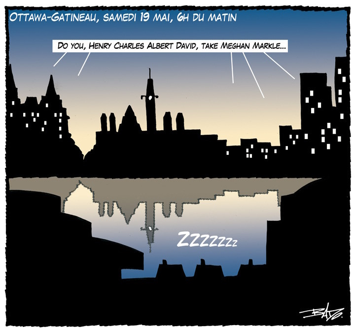 Titre :  Ottawa-Gatineau, samedi 19 mai, 6 h du matin Illustration : Dessin des deux rives de la rivière des Outaouais. Sur la rive ontarienne, on entend les téléviseurs allumés : Do you, Henry Charles Albert David, take Meghan Markle... Sur la rive québécoise, c’est le calme plat et tout le monde dort paisiblement.