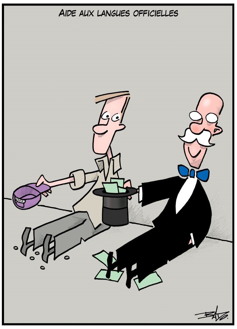 Titre : Aide aux langues officielles. Illustration : Deux hommes assis par terre sur le trottoir demandent de l’argent aux passants. L'homme de gauche, pauvre et francophone, tient une casquette avec quelques pièces de monnaie. L'homme de droite, riche et anglophone, tient un chapeau haut de forme rempli de billets de banque.