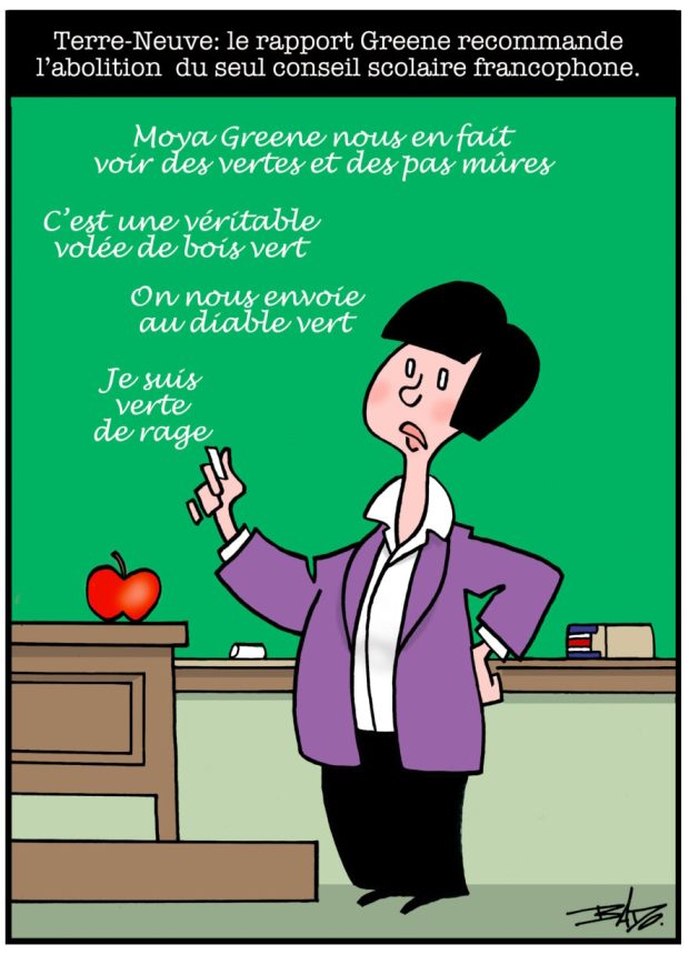 Titre : Terre-Neuve: le rapport Greene recommande l’abolition du seul conseil scolaire francophone. Illustration : Une enseignante écrit au tableau : Moya Greene nous en fait voir des vertes et des pas mûres. C’est une véritable volée de bois vert. On nous envoie au diable vert. Je suis verte de rage.