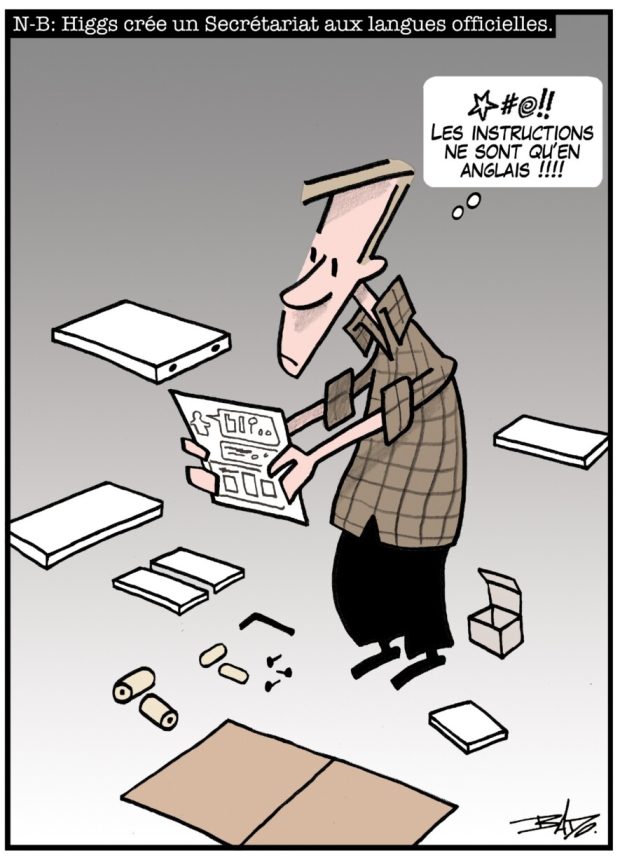 Titre : N.B: Higgs crée un secrétariat aux langues officielles. Illustration : Un homme qui essaie d'assembler une étagère et ne comprend rien. Il sacre et dit : Les instructions ne sont qu’en anglais !
