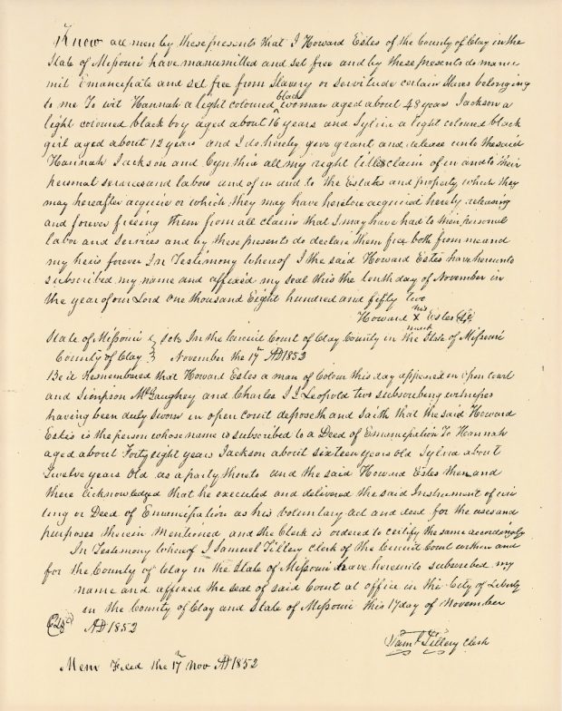 Acte d’émancipation rédigé à la main en 1852