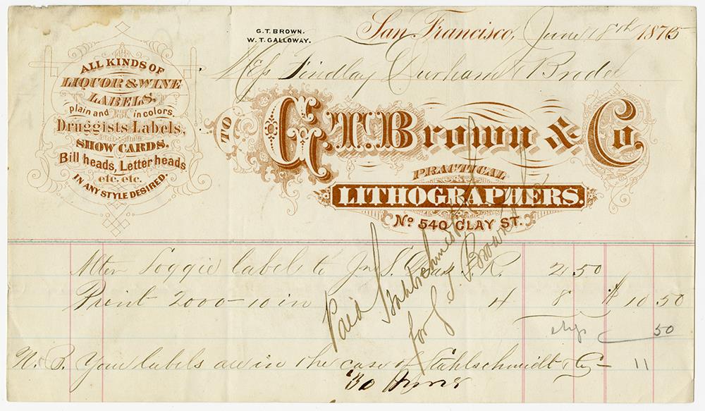 facture manuscrite avec papier à en-tête de l’entreprise, datée du 18 juin 1875