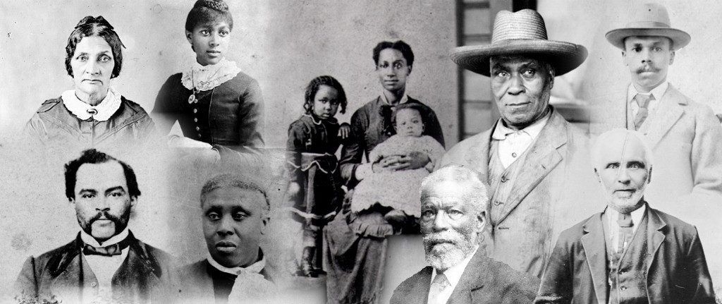 collage de visages d’hommes, de femmes et d’enfants noirs d’âges divers arrivés en Colombie-Britannique en 1858