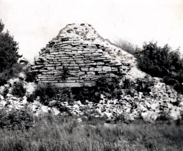 Un tas de pierres et de briques dans l'herbe et les broussailles avec une ouverture au fond