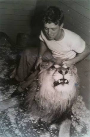 Une photo en noir et blanc du jeune Bingo Hauser assis sur son lion; Bingo relève légèrement la tête du lion en tirant sa crinière vers l’arrière