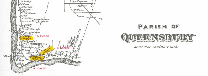 Carte de Halfpenny de 1878 qui montre Queensbury (Nouveau-Brunswick) et comporte trois régions surlignées identifiant les résidences de la famille Kendall.