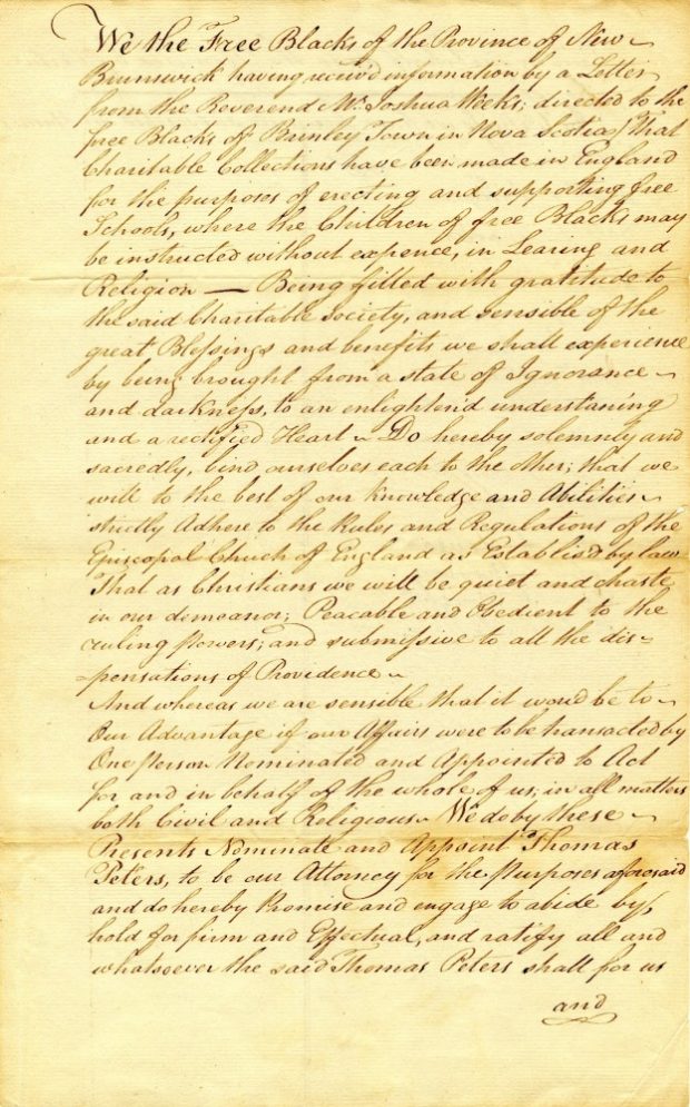 Déclaration manuscrite sur papier jauni au nom des Noirs libres de la province du Nouveau-Brunswick.