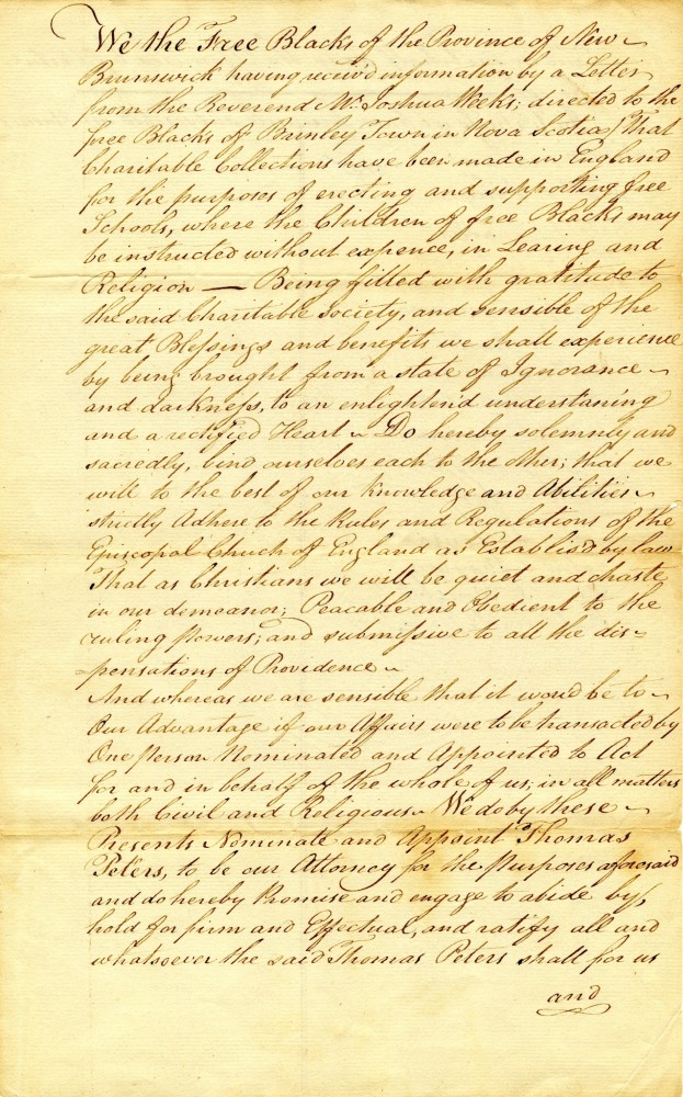 Déclaration manuscrite sur papier jauni au nom des Noirs libres de la province du Nouveau-Brunswick.