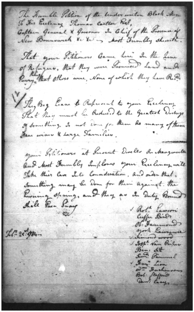 Pétition manuscrite pour demander des terres énumérant les noms de douze Noirs de Maugerville, datée de 1785.