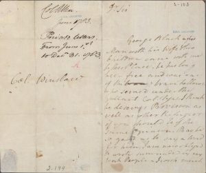 Lettre manuscrite datée de 1783. Identifiée comme étant adressée au colonel Winslow par le colonel Allen.