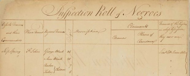 Liste manuscrite de noms sur papier jauni intitulée Inspection Roll of Negroes. 