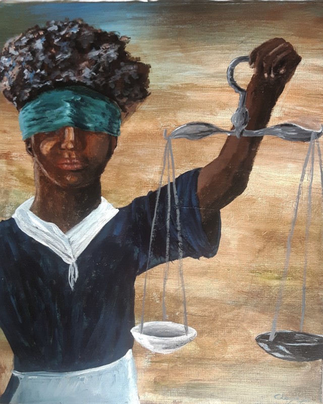 Portrait d’une femme noire portant un bandeau sur les yeux et tenant une balance.