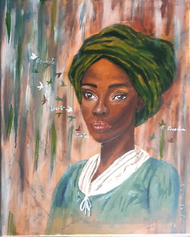 Portrait d’une femme noire portant un bandeau vert. De petits oiseaux volent près de son visage avec les mots Equality, Liberté, Justice et Freedom.