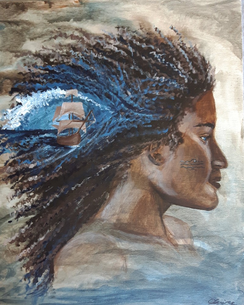 Portrait d’une femme noire ayant un bateau dans ses cheveux balayés par le vent.
