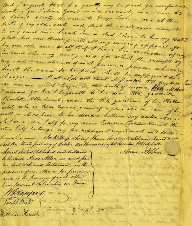 Testament manuscrit d’Anne Allen sur du papier jauni.