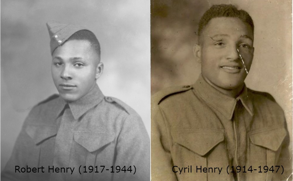 Deux photos côte à côte. À gauche, photo d’archives en noir et blanc d’un homme noir en uniforme militaire portant une casquette de tenue de service. À droite, photo sépia d’un homme noir en uniforme militaire ne portant pas de casquette.