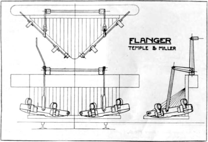Schéma de brevet en noir et blanc d’une paire de grattoirs qui se fixent au chasse-pierres d’une locomotive.Schéma de brevet du déblayeur d’entre-rails 