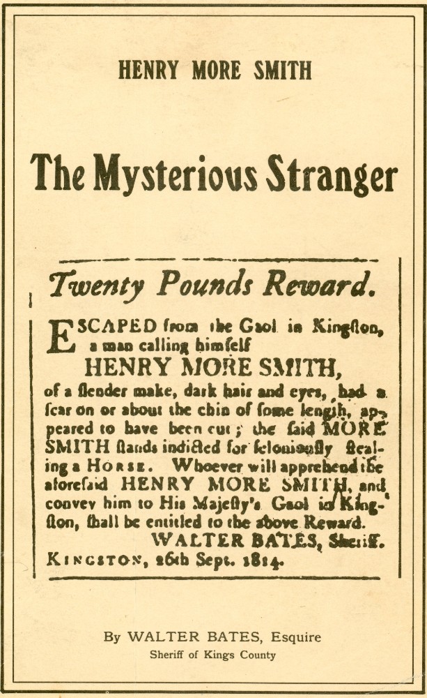 Couverture de livre jaunie portant le titre The Mysterious Stranger avec une coupure de journal de 1814.